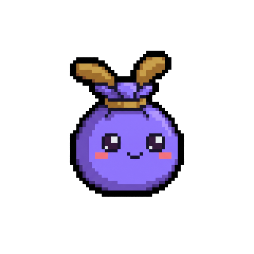 A purple Bagling: a small pouch creature with gold ties for ears, big dark eyes and pink cheeks